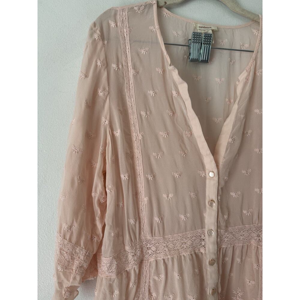 Sundance Pink 100% Silk Embroidered Sheer Button Front Blouse Size XL - Picture 3 of 6